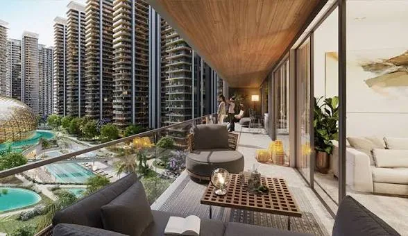 Luxury residence balcony overlooking landscaped gardens
